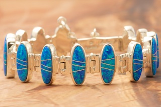 Calvin Begay Fire and Ice Blue Opal Sterling Silver Link Bracelet
